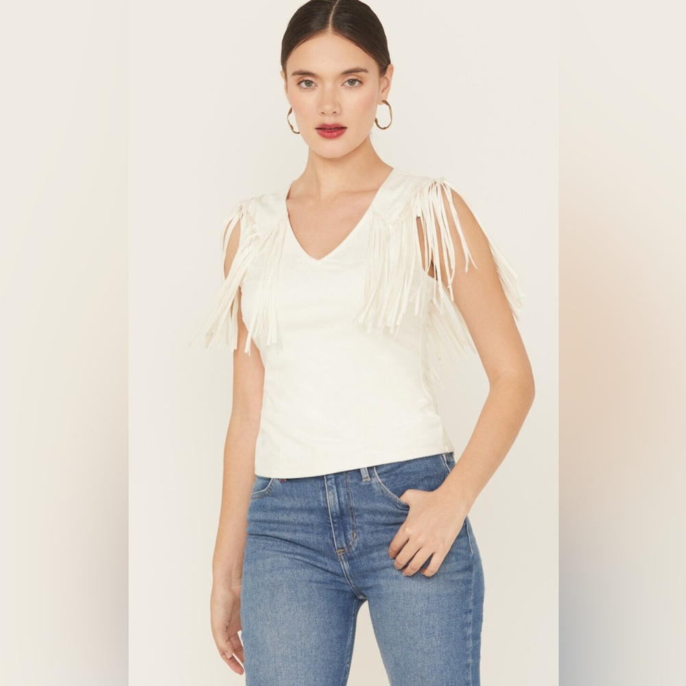 Idyllwind Top V-Neck Sleeveless Fringe Cream White Size S